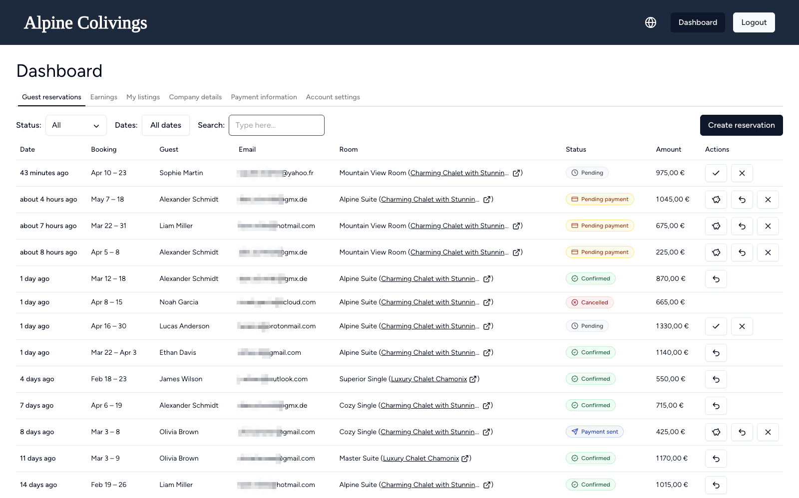 Dashboard - Manage reservations